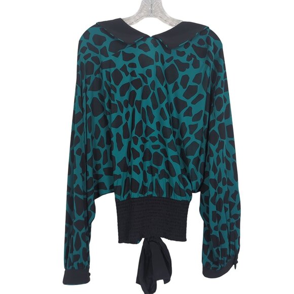 Diane Von Furstenberg Teal Black Animal Print Blouse V-Neck‎ Tie Waist L - Picture 15 of 15